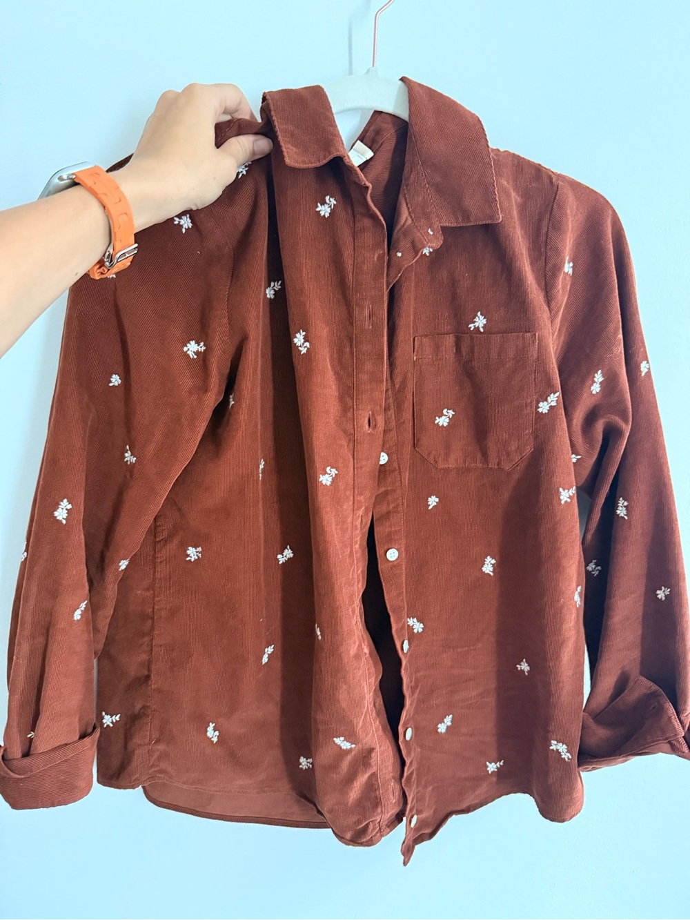 Sezane Rust Brown Button-Front Corduroy Shirt with White Embroidery
